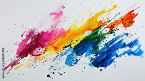 Abstract colorful paint splatters on white background.