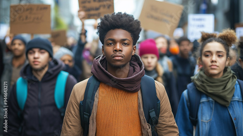 Crowd of young people marching in protest through city