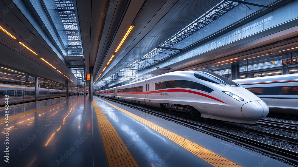 Obraz premium Modern highspeed train arriving at railway station platform