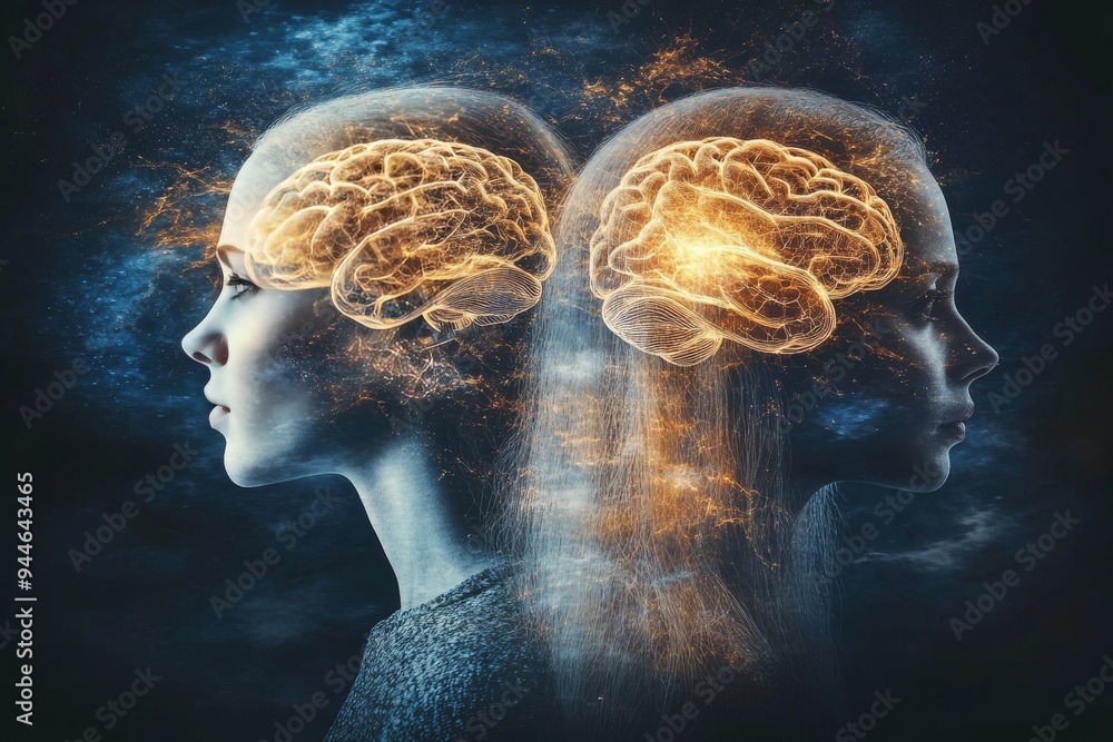 Abstract Blue Tinted Art of Two Faces with Glowing Brains Representing the Interconnectedness of Thought Telepathy and the Power of Mental Communication Abstract Blue Tinted Art of Two Faces with Glowing Brains Representing the Interconnectedness of Thought Telepathy and the Power of Mental Communication