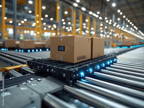 seamless conveyor belt system in modern warehouse showcasing cardboard packages in motion symbolizing ecommerce and automated fulfillment