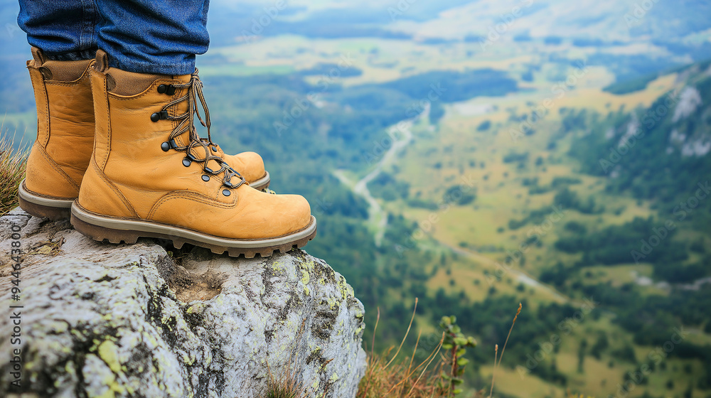 Hiker standing on a cliff edge wearing hiking boots enjoying the view Hiker standing on a cliff edge wearing hiking boots enjoying the view