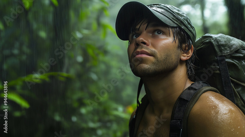 Fototapeta Naklejka Na Ścianę i Meble -  Backpacker seeking shelter from rain in jungle