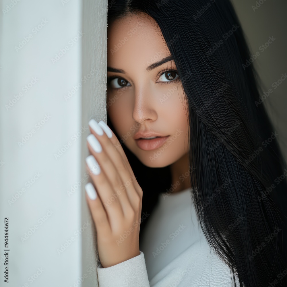 Fototapeta premium Beautiful woman with long black hair poses against a white wall backdrop, ideal for commercial use or banner ads. The clean background accentuates her striking features.