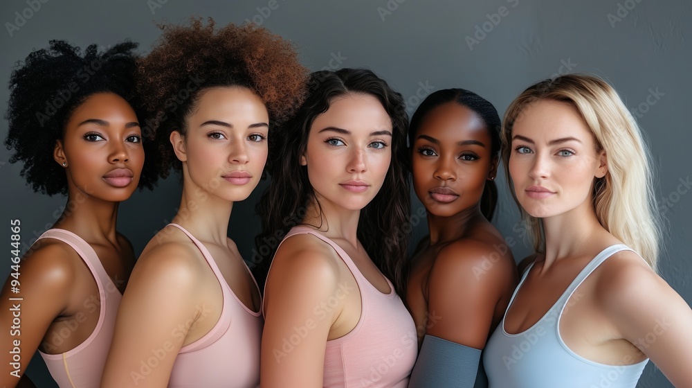 Diverse group of women modeling stylish outfits against a neutral background in a modern studio setting during the daytime Diverse group of women modeling stylish outfits against a neutral background in a modern studio setting during the daytime