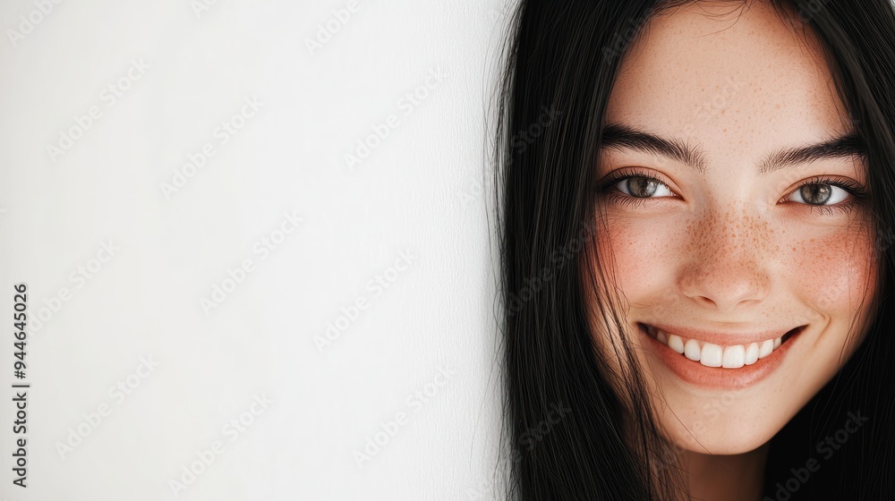 Beautiful woman with long black hair poses against a white wall backdrop, ideal for commercial use or banner ads. The clean background accentuates her striking features. Beautiful woman with long black hair poses against a white wall backdrop, ideal for commercial use or banner ads. The clean background accentuates her striking features.