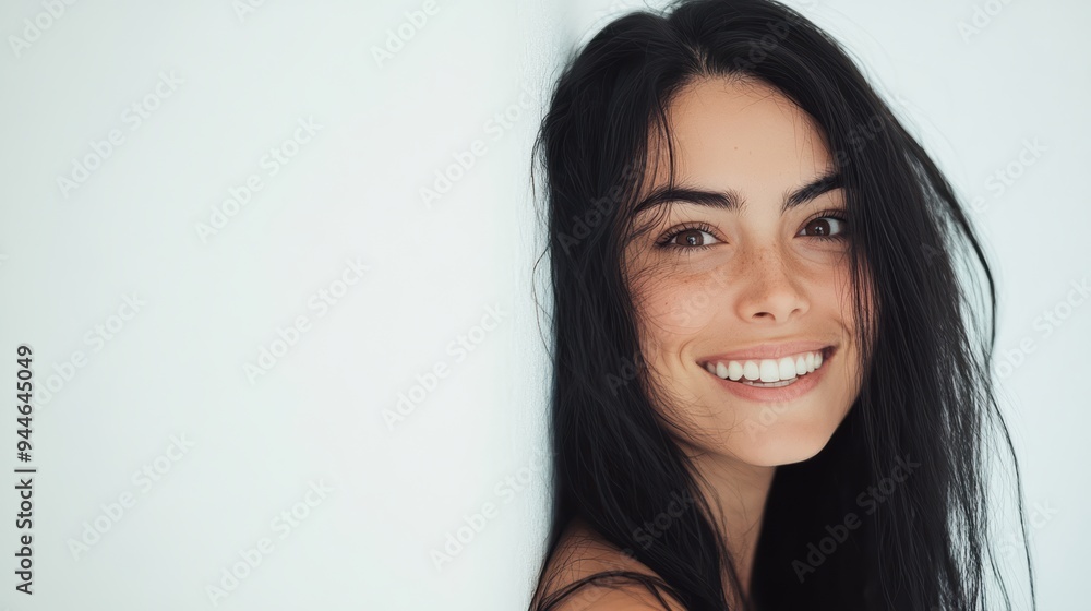 Beautiful woman with long black hair poses against a white wall backdrop, ideal for commercial use or banner ads. The clean background accentuates her striking features. Beautiful woman with long black hair poses against a white wall backdrop, ideal for commercial use or banner ads. The clean background accentuates her striking features.