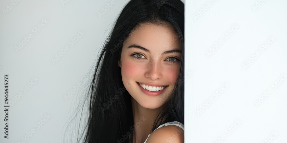 Beautiful woman with long black hair poses against a white wall backdrop, ideal for commercial use or banner ads. The clean background accentuates her striking features. Beautiful woman with long black hair poses against a white wall backdrop, ideal for commercial use or banner ads. The clean background accentuates her striking features.