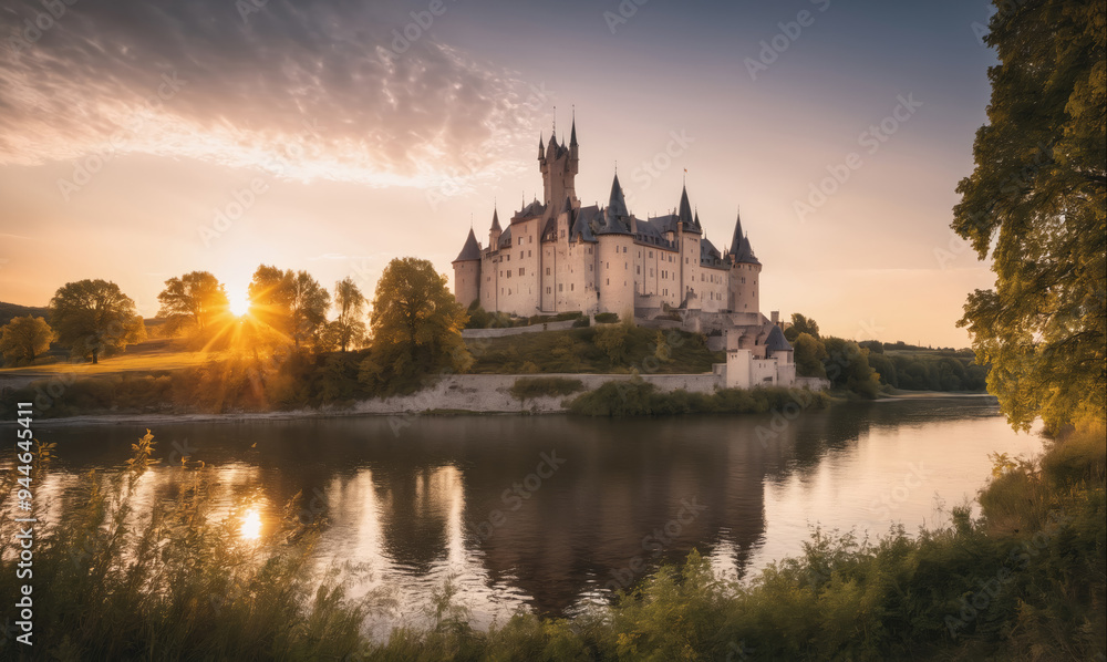 Obraz premium A majestic castle sits on a hill overlooking a river at sunset