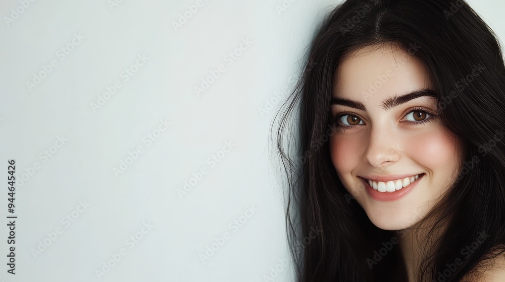 Beautiful woman with long black hair poses against a white wall backdrop, ideal for commercial use or banner ads. The clean background accentuates her striking features. Beautiful woman with long black hair poses against a white wall backdrop, ideal for commercial use or banner ads. The clean background accentuates her striking features.