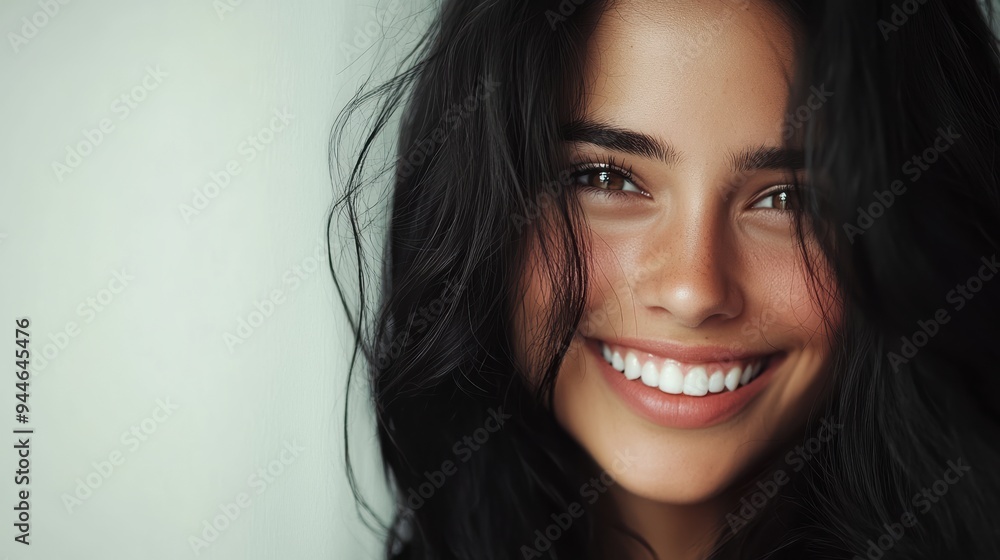 Beautiful woman with long black hair poses against a white wall backdrop, ideal for commercial use or banner ads. The clean background accentuates her striking features. Beautiful woman with long black hair poses against a white wall backdrop, ideal for commercial use or banner ads. The clean background accentuates her striking features.