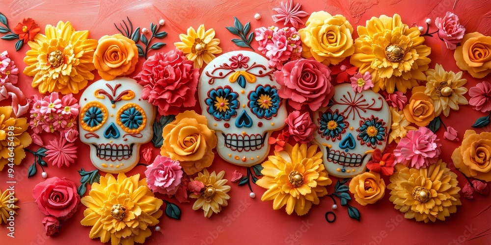 flat lay photography A bunch of sugar skull shaped cookies decorated with flowers, sugar skulls decorated for the Day of the Dead, sugar cookie dia de los muertos theme backdrop flat lay photography A bunch of sugar skull shaped cookies decorated with flowers, sugar skulls decorated for the Day of the Dead, sugar cookie dia de los muertos theme backdrop