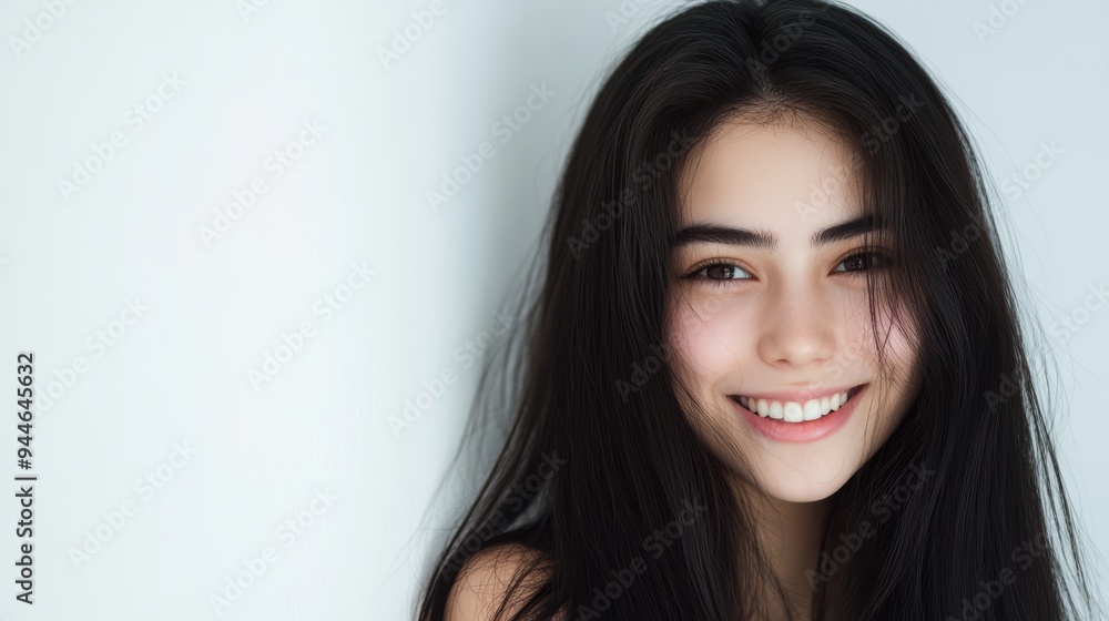 Beautiful woman with long black hair poses against a white wall backdrop, ideal for commercial use or banner ads. The clean background accentuates her striking features. Beautiful woman with long black hair poses against a white wall backdrop, ideal for commercial use or banner ads. The clean background accentuates her striking features.