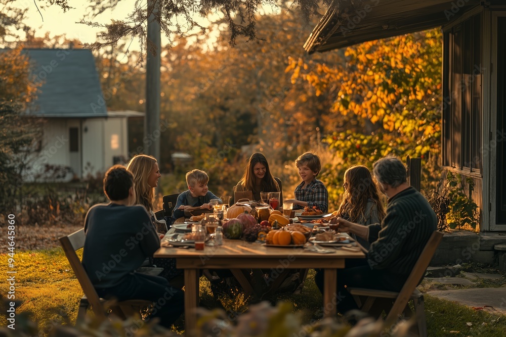 A joyful family gathers around a rustic table for an autumn dinner in the countryside during golden hour in the afternoon A joyful family gathers around a rustic table for an autumn dinner in the countryside during golden hour in the afternoon