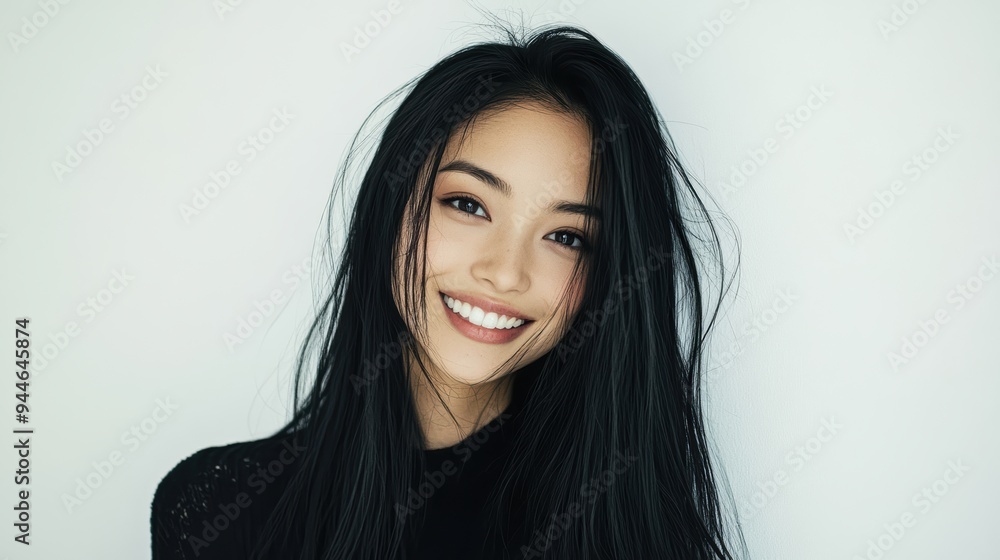 Beautiful woman with long black hair poses against a white wall backdrop, ideal for commercial use or banner ads. The clean background accentuates her striking features. Beautiful woman with long black hair poses against a white wall backdrop, ideal for commercial use or banner ads. The clean background accentuates her striking features.