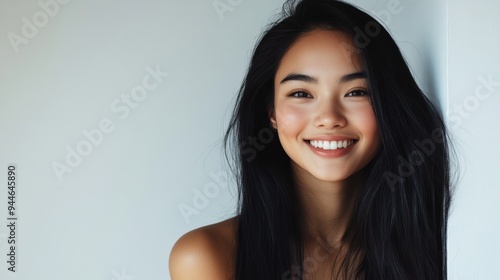 Beautiful woman with long black hair poses against a white wall backdrop, ideal for commercial use or banner ads. The clean background accentuates her striking features.