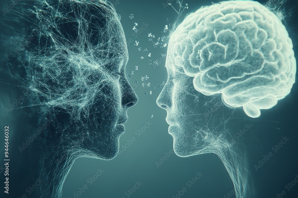 Two Heads with Neural Networks Connected by Digital Signals Depicting the Fusion of Human Thought and Technology in a Futuristic Digital Art Style Two Heads with Neural Networks Connected by Digital Signals Depicting the Fusion of Human Thought and Technology in a Futuristic Digital Art Style