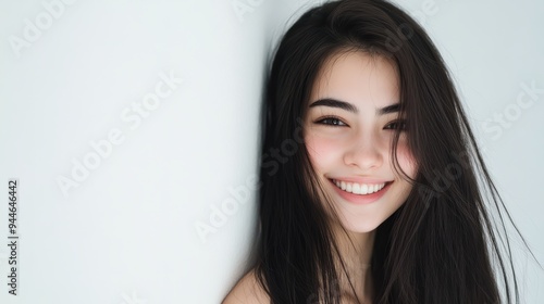 Beautiful woman with long black hair poses against a white wall backdrop, ideal for commercial use or banner ads. The clean background accentuates her striking features.