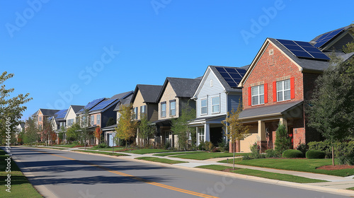 Modern suburban street with solar panels on the roofs is saving energy