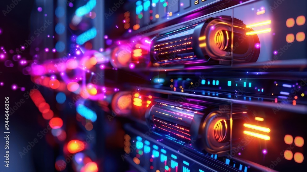 Photo-realistic cloud computing data center, vast server racks, glowing ...