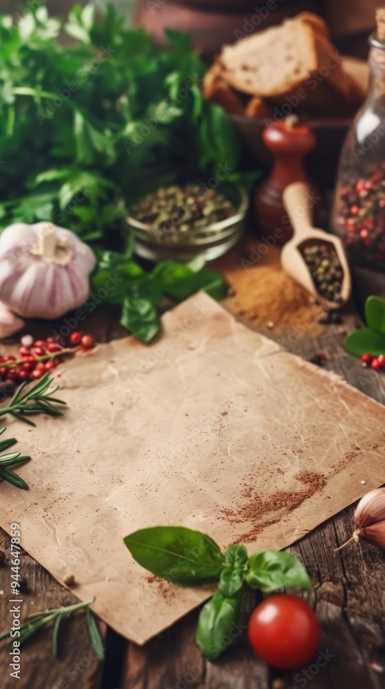 Rustic kitchen table with fresh herbs, spices, and a blank paper sheet. Rustic kitchen table with fresh herbs, spices, and a blank paper sheet.