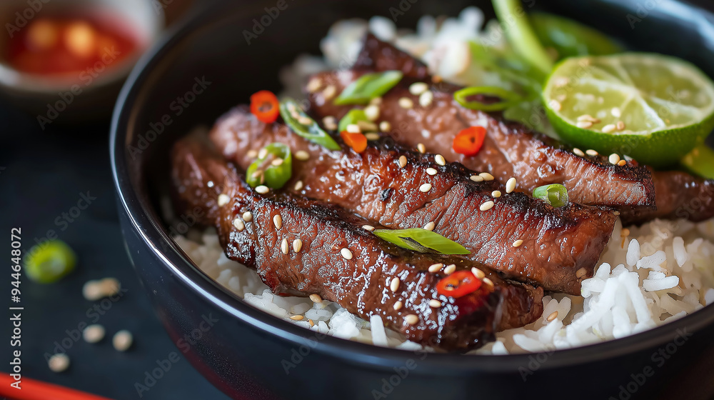 Delicious bowl of rice with sesame seed crusted steak slices, lime and herbs Delicious bowl of rice with sesame seed crusted steak slices, lime and herbs