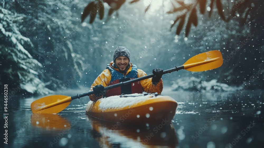 A man kayaking in lake water in winter with snow A man kayaking in lake water in winter with snow