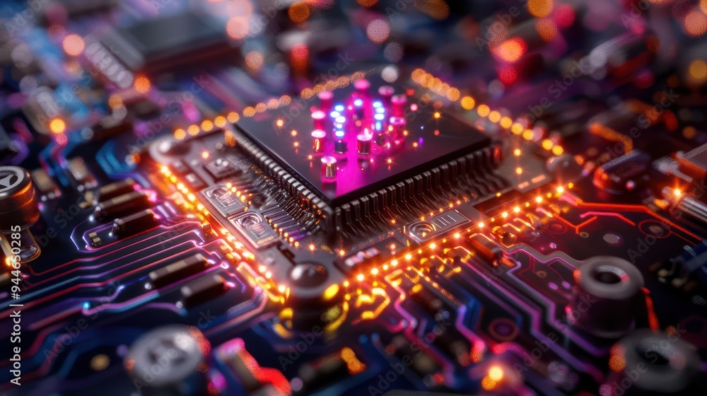 Photo-realistic quantum computer with glowing qubits, intricate circuits, high-resolution details, vibrant colors Photo-realistic quantum computer with glowing qubits, intricate circuits, high-resolution details, vibrant colors