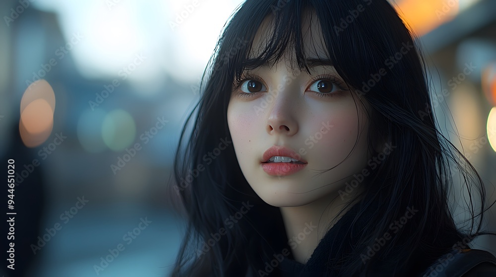 Woman with long black hair looking at the camera. Woman with long black hair looking at the camera.