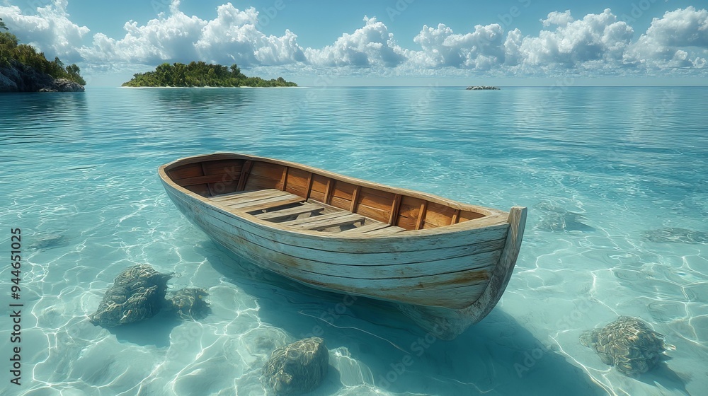 Naklejka premium 透き通った海に浮かぶボート