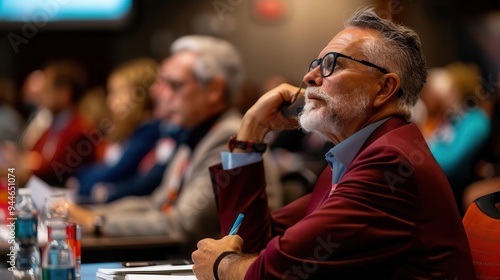 Photo-realistic skill acquisition seminar, attendees taking notes and engaging with a speaker, modern conference room, high-definition, vivid colors photo