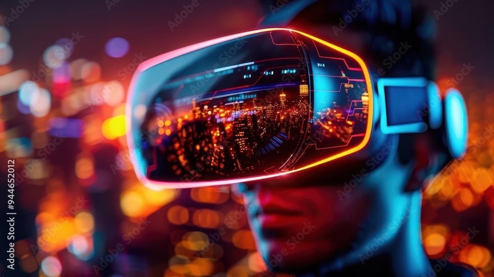 Photo-realistic virtual reality headset user exploring a simulated cityscape, high-resolution textures, intricate details, ultra-realistic Photo-realistic virtual reality headset user exploring a simulated cityscape, high-resolution textures, intricate details, ultra-realistic
