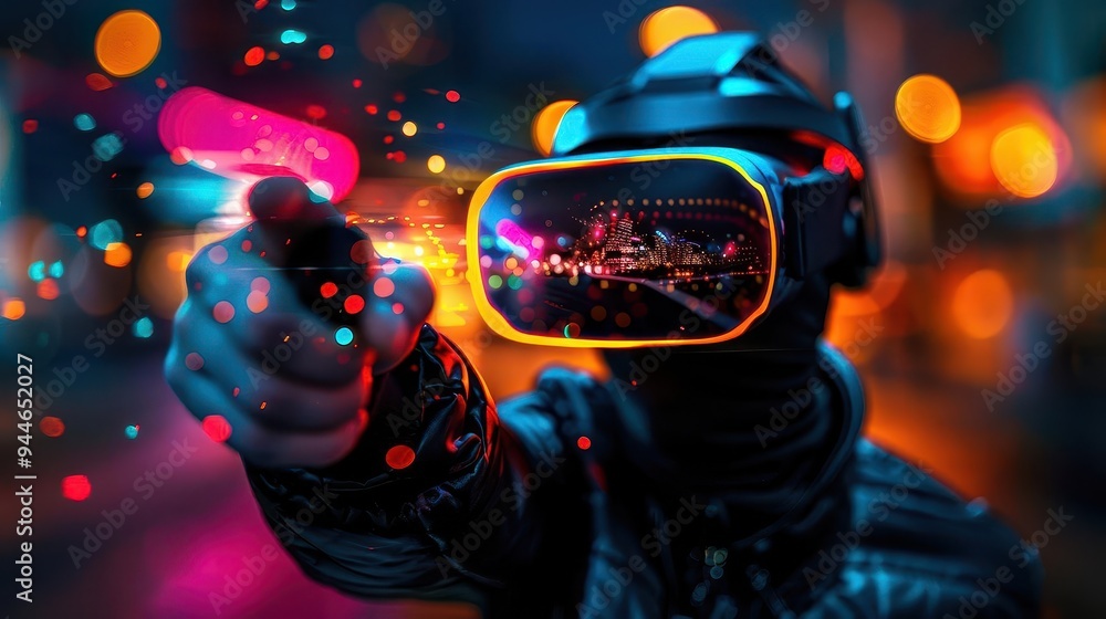 Photo-realistic virtual reality gamer immersed in a futuristic digital world, detailed environment, lifelike graphics, vibrant colors Photo-realistic virtual reality gamer immersed in a futuristic digital world, detailed environment, lifelike graphics, vibrant colors