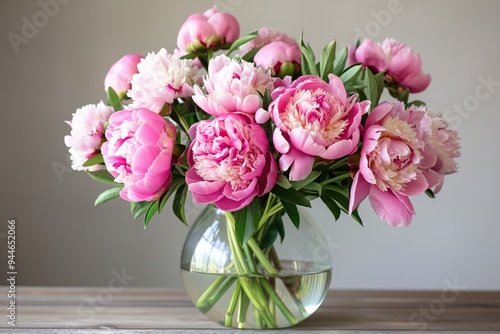 Wallpaper Mural Bouquet of pink peonies in a glass vase on a gray background Torontodigital.ca