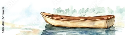 Empty and Full. Tranquil watercolor painting depicts a serene wooden boat floating on calm water, perfect for art and nature enthusiasts.