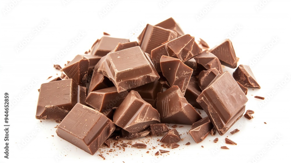 Pieces of tasty milk chocolate on white background, closeup view Pieces of tasty milk chocolate on white background, closeup view