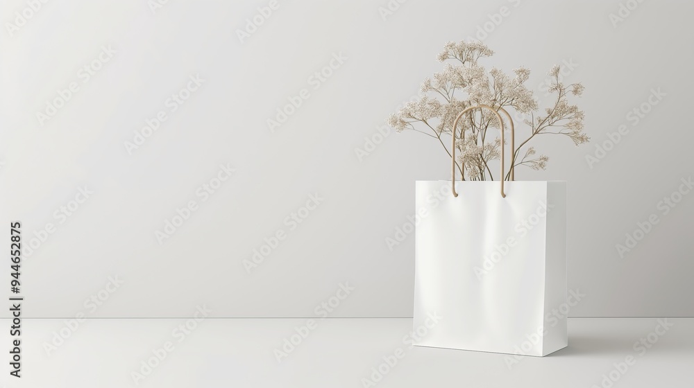 White shopping bag with dried flowers in it White shopping bag with dried flowers in it