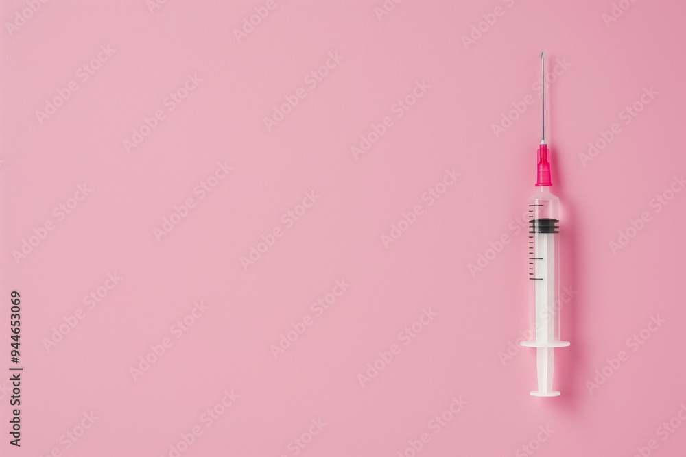 Syringe with pink liquid on pink background. Minimal style. Syringe with pink liquid on pink background. Minimal style.