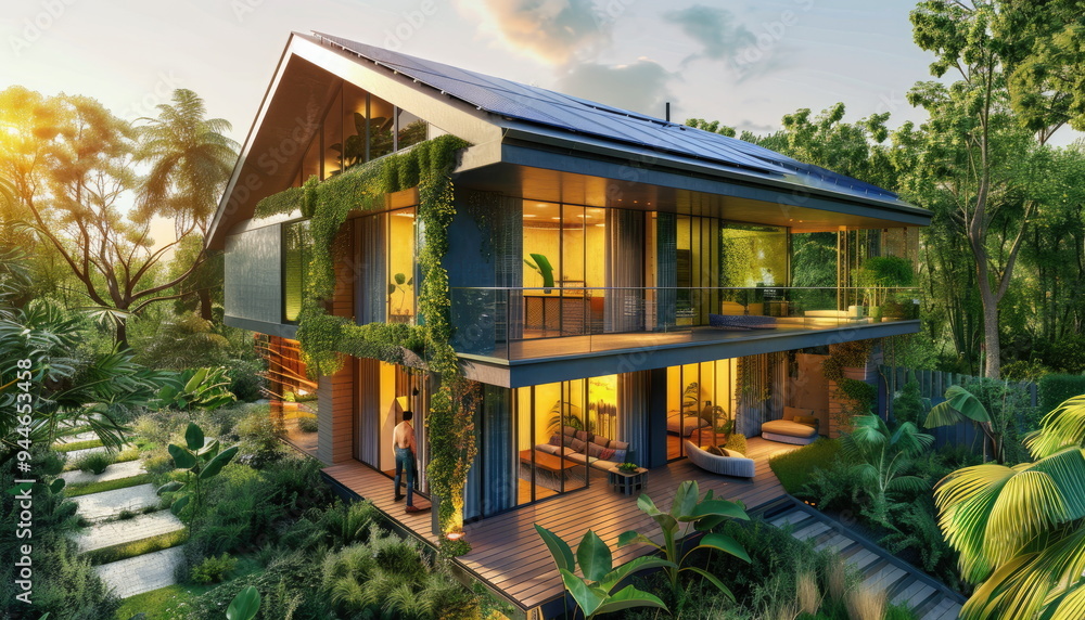 Modern House with Green Roof and Solar Panels Modern House with Green Roof and Solar Panels