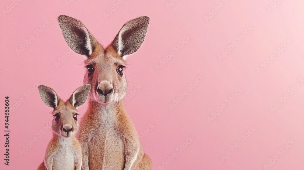 Kangaroo Family on Pink Background: A heartwarming image of a mother kangaroo and her joey, both looking directly at the camera, against a vibrant pink backdrop. Their playful expressions. Kangaroo Family on Pink Background: A heartwarming image of a mother kangaroo and her joey, both looking directly at the camera, against a vibrant pink backdrop. Their playful expressions.