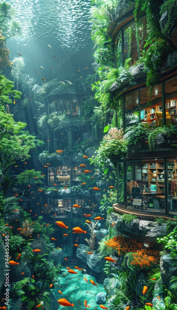 Obraz premium Underwater Oasis with Fish and Buildings