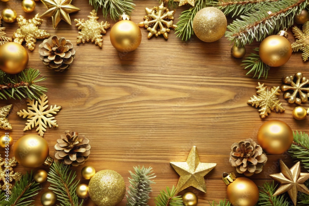 Festive golden decorations and pine branches create a warm holiday atmosphere on a rustic wooden table, perfect for celebrating the joy of the season. Generative AI Festive golden decorations and pine branches create a warm holiday atmosphere on a rustic wooden table, perfect for celebrating the joy of the season. Generative AI