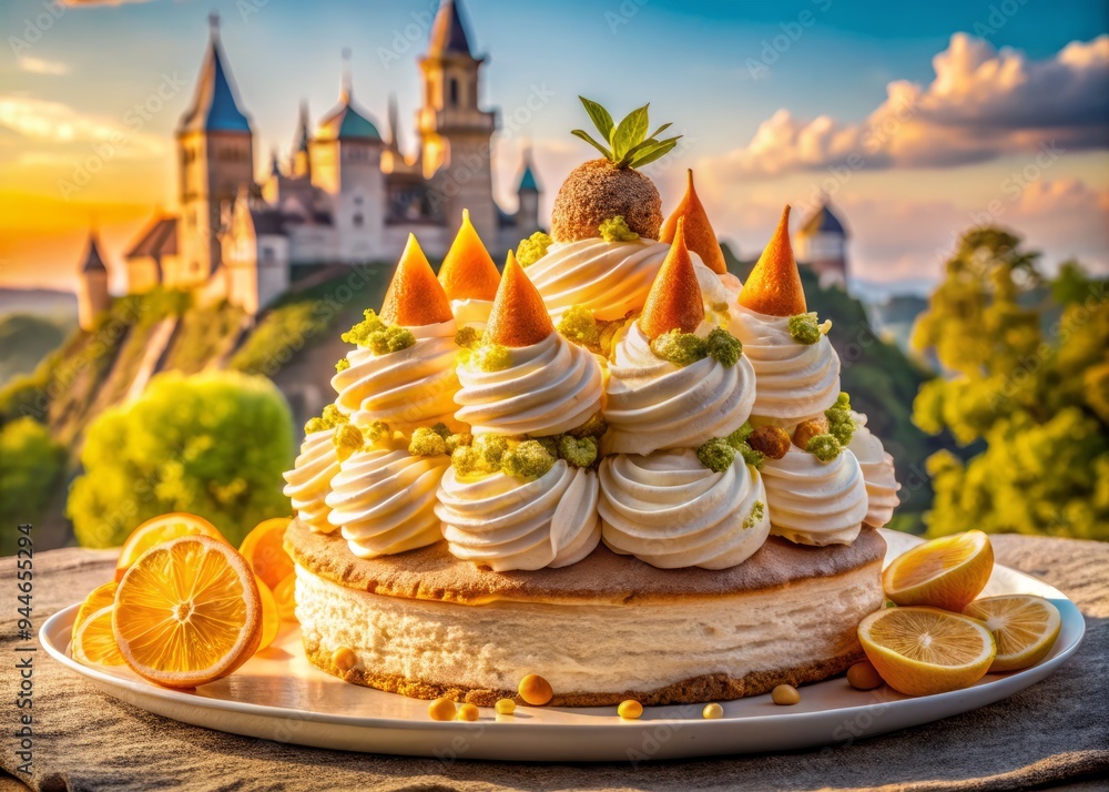 Fototapeta premium Golden hour illuminates a majestic pavlova castle built on a bed of crushed cookies, surrounded by a moat of creamy ice cream and garnished with sugared citrus slices.