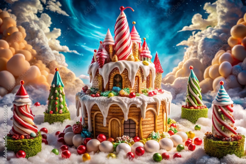 Fototapeta premium A mystical forest of candy canes, gumdrops, and lollipops, with a towering angel food cake castle, oozing caramel sauce and topped with a fluffy cloud of whipped cream