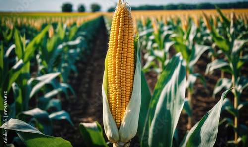 A close-up of an ear of corn in a field of corn photo