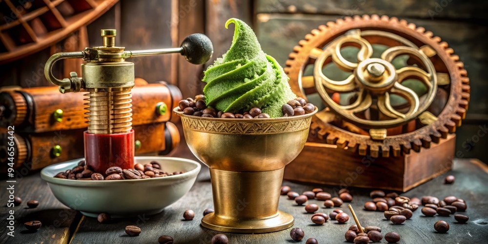 A steampunk-inspired clockwork machine dispenses a cone of green tea ice cream with a gear-shaped scoop of red bean paste and a sprinkle of copper dust. A steampunk-inspired clockwork machine dispenses a cone of green tea ice cream with a gear-shaped scoop of red bean paste and a sprinkle of copper dust.