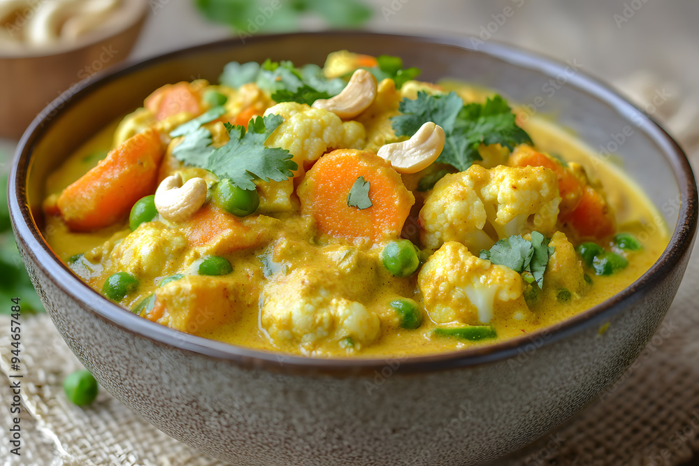 Bowl of creamy Vegetable Korma, rich in spices with tender carrots, peas, and cauliflower, garnished with coriander and cashews. Bowl of creamy Vegetable Korma, rich in spices with tender carrots, peas, and cauliflower, garnished with coriander and cashews.