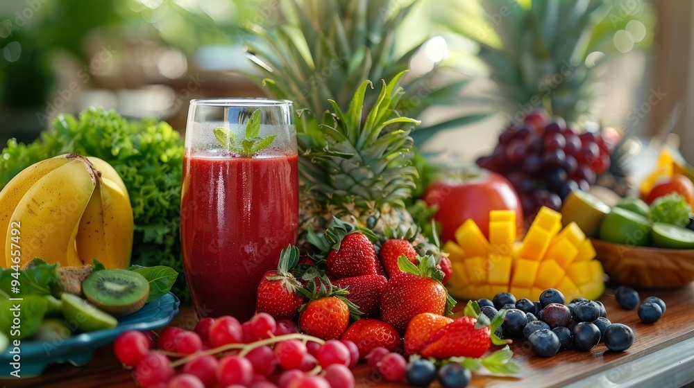 table with exotic fruits and red smoothie drink or juice table with exotic fruits and red smoothie drink or juice