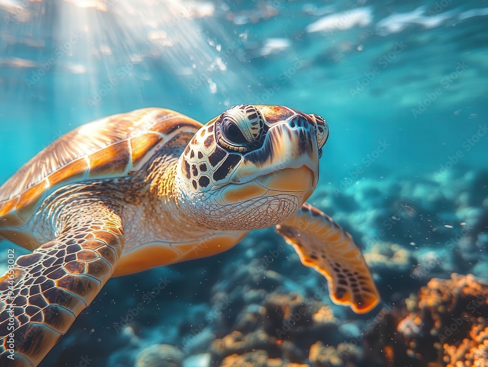 vibrant underwater coral reef teeming with exotic fish in a kaleidoscope of colors sea turtle glides gracefully through crystalclear turquoise waters sun rays filtering from above vibrant underwater coral reef teeming with exotic fish in a kaleidoscope of colors sea turtle glides gracefully through crystalclear turquoise waters sun rays filtering from above