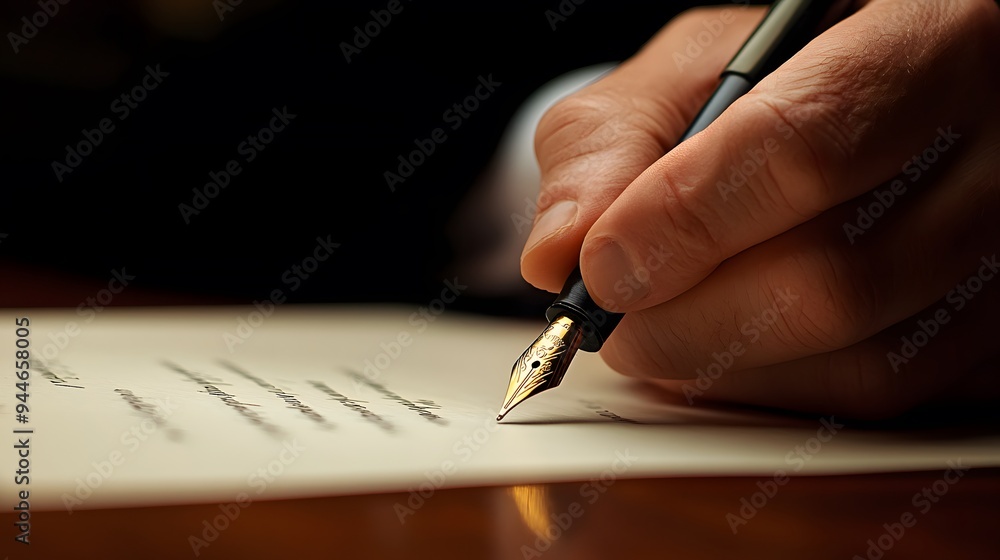 Hand Writing with Gold Fountain Pen on Paper Hand Writing with Gold Fountain Pen on Paper